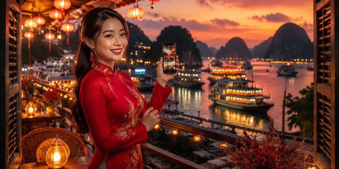 Người chơi truy cập casino mobile trên Vịnh Hạ Long với áo dài truyền thống